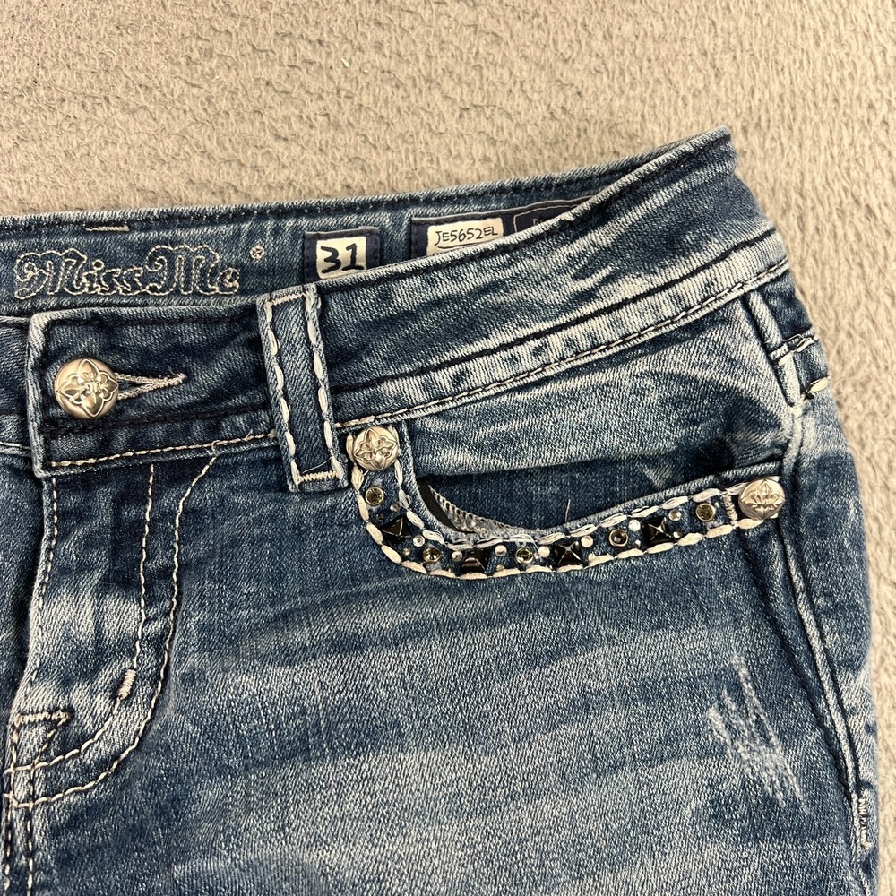 Miss Me Jeans Womens 31 Easy Boot Mid Rise Embellished Rhinestone Blue Denim - Picture 8 of 14